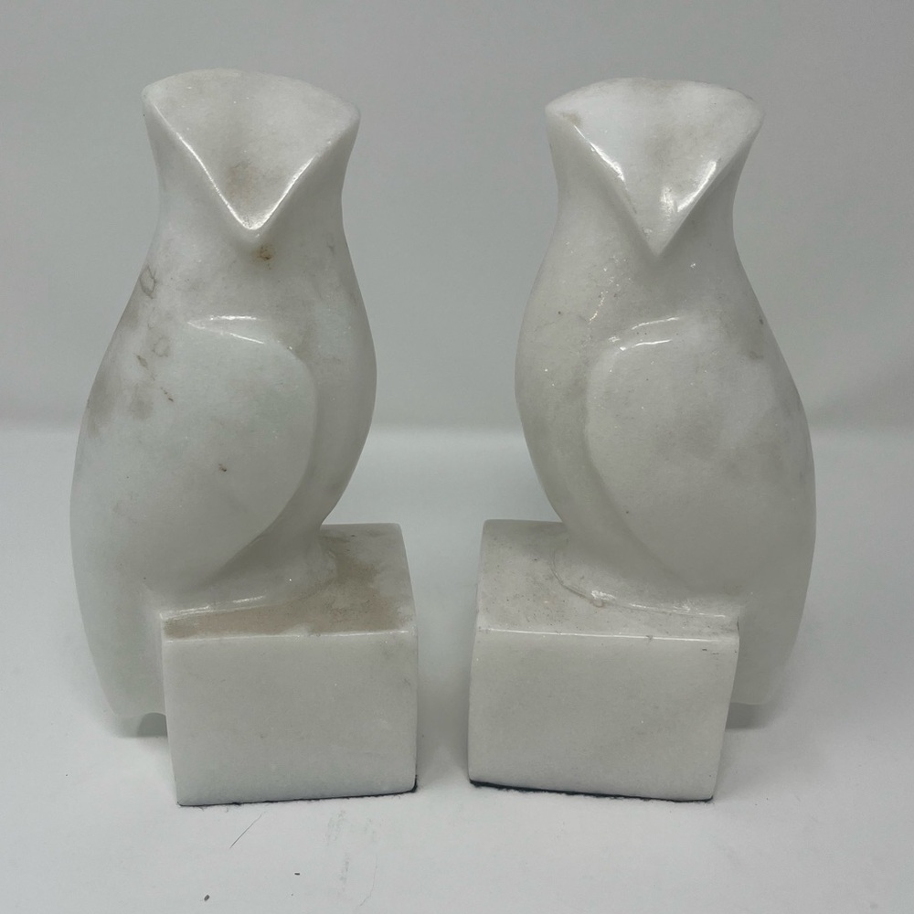 White Marble Owl Bookends Hand Carved Pair Vintage J.A.B